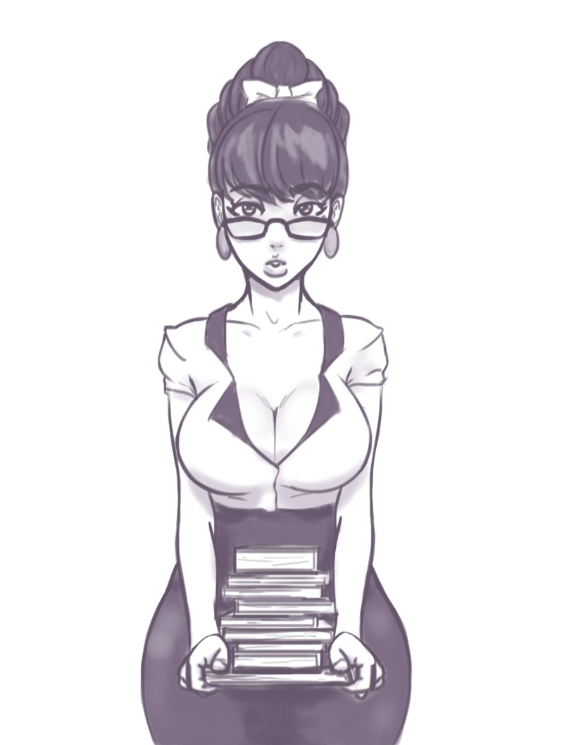 1girl alternate_hairstyle bangs bespectacled bliss_barson book bow breasts cleavage cryamore curvy earrings glasses greyscale hair_bow holding holding_book jewelry knifoon large_breasts librarian lips long_skirt looking_at_viewer mole mole_under_eye monochrome puckered_lips skirt solo updo wide_hips