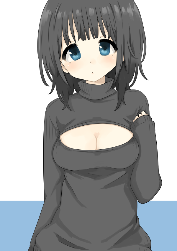 1girl black_hair blue_eyes blush breasts cleavage cleavage_cutout morina_nao open-chest_sweater original ribbed_sweater short_hair sleeves_past_wrists solo sweater turtleneck
