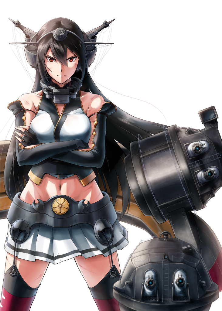 1girl breasts crossed_arms gloves gunbuster_pose harukon_(halcon) kantai_collection long_hair looking_at_viewer nagato_(kantai_collection) simple_background skirt solo thigh-highs white_background