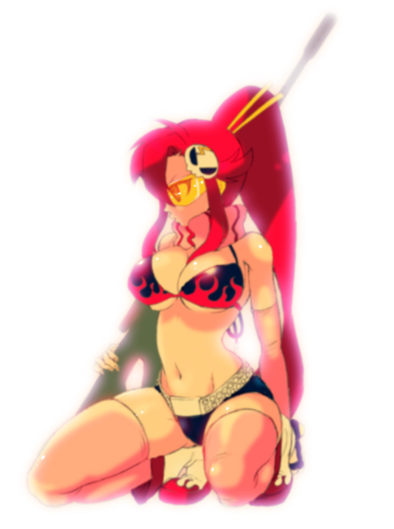 belt bikini_top blurry breasts cleavage crouching gun hair_ornament hairclip long_hair red_hair redhead scarf shorts squatting tengen_toppa_gurren_lagann thigh-highs thighhighs weapon yoko_littner yoko_ritona yoshimu_(junky)