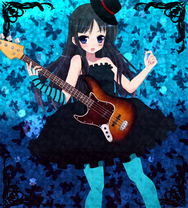 1girl akiyama_mio bad_id bangs bass_guitar black_hair blue_eyes blue_legwear blunt_bangs don't_say_"lazy" don't_say_lazy dress elbow_gloves face_paint facepaint fingerless_gloves gloves hat hime_cut instrument k-on! kay long_hair mini_top_hat pantyhose solo striped top_hat turquoise_pantyhose