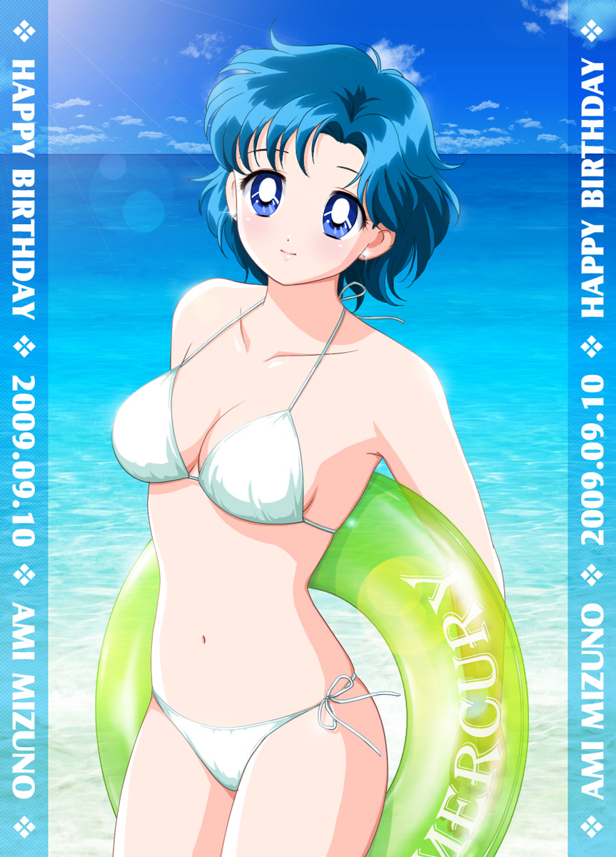 bikini bishoujo_senshi_sailor_moon blue_eyes blue_hair character_name earrings happy_birthday highres innertube lens_flare mizuha_(aqua_no_hane) mizuno_ami short_hair side-tie_bikini string_bikini swimsuit white_bikini