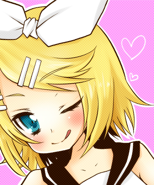 :q blue_eyes close-up hair_ornament hair_ribbon hairclip kagamine_rin miyata_waltz ribbon short_hair smile solo tongue vocaloid wink