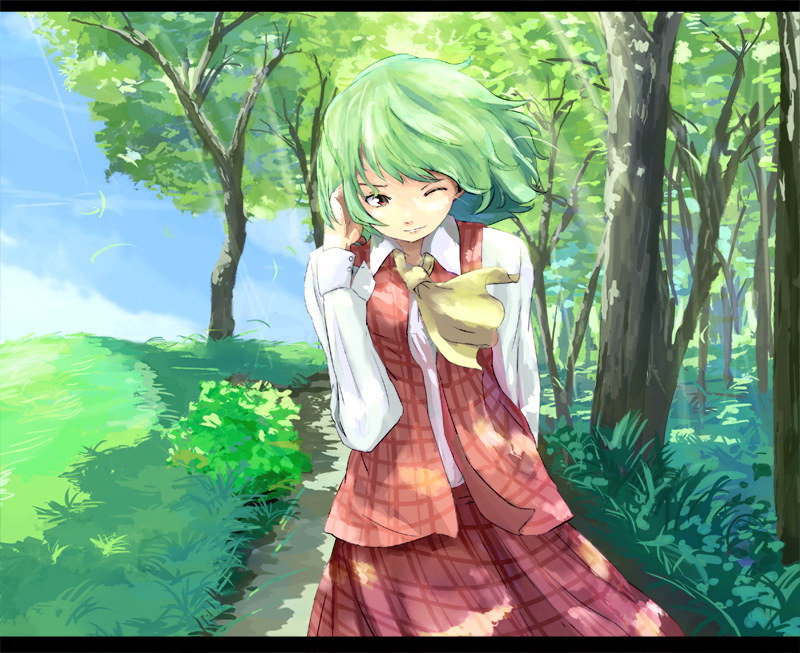 ascot bad_id forest grass green_hair kazami_yuuka letterboxed nature plaid plaid_skirt plaid_vest red_eyes short_hair skirt skirt_set solo touhou tree wind wink you_(pixiv249955) you_(shimizu)