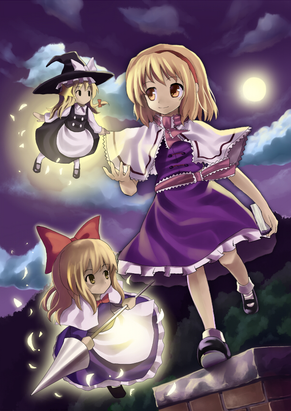 bad_id blonde_hair doll hairband hat hidebo kirisame_marisa lance long_hair moon polearm shanghai shanghai_doll short_hair touhou weapon witch_hat yellow_eyes