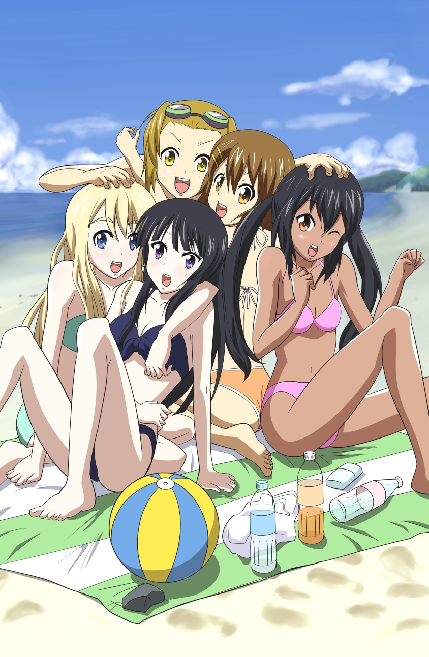 akiyama_mio bad_id ball barefoot beach beachball bikini black_eyes black_hair blonde_hair blue_eyes bottle brown_eyes brown_hair goggles highres hirasawa_yui k-on! kotobuki_tsumugi long_hair multiple_girls nakano_azusa short_hair swimsuit tainaka_ritsu tan twintails urban_(artist) wink