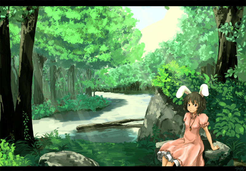 bad_id black_hair bunny_ears carrot forest inaba_tewi letterboxed nature rabbit_ears scenery short_hair sitting solo touhou water you_(pixiv249955) you_(shimizu)