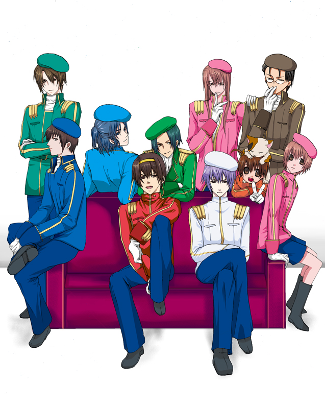 asahina_mitsuru_(adult) asakura_ryou beret cat couch genderswap hat koizumi_itsuki kyon kyonko_no_otouto male military military_uniform nagato_yuuki shamisen_(suzumiya_haruhi) student_council_president suzumiya_haruhi_no_yuuutsu suzumiya_haruhiko the_day_of_sagittarius tsuruya tsuruya-senpai uniform