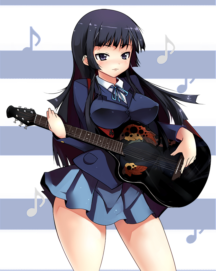 bass_guitar breasts impossible_clothes impossible_shirt instrument ippongui k-on! large_breasts long_hair musical_note ovation_guitar school_uniform shirt solo