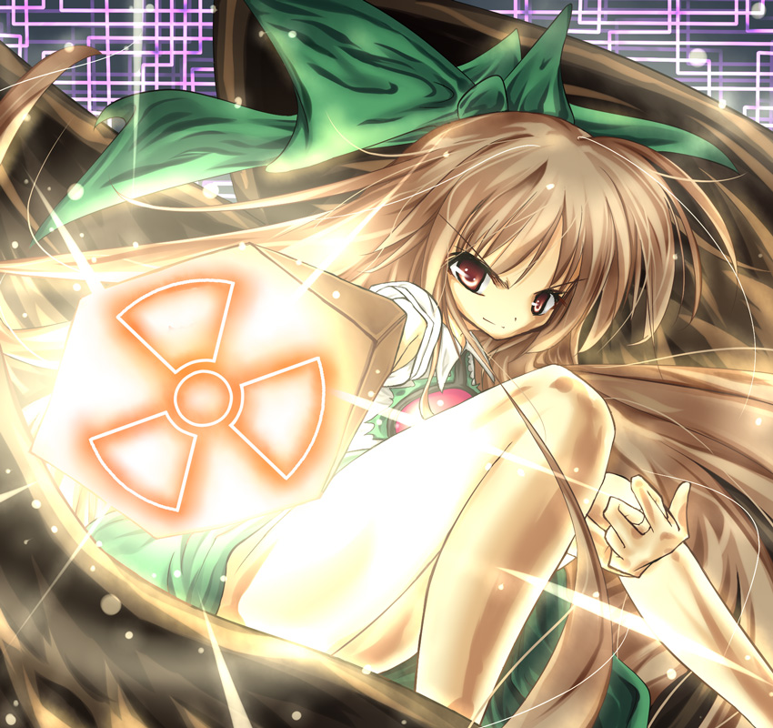 bad_id brown_hair hair_ribbon itsutsuki itsutuski long_hair radiation_symbol red_eyes reiuji_utsuho ribbon touhou weapon wings