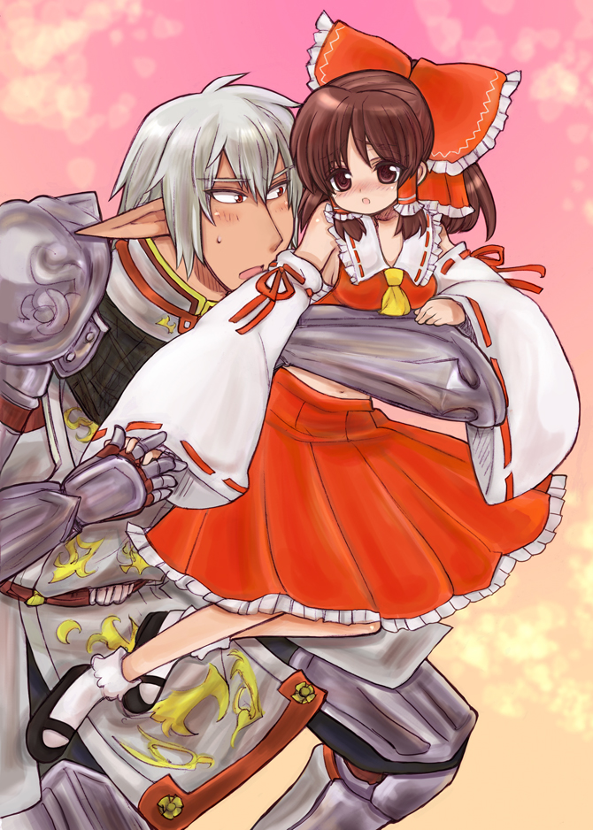bow brown_eyes brown_hair buront couple crossover detached_sleeves elf elvaan final_fantasy final_fantasy_xi hakurei_reimu height_difference momo&amp;a pointy_ears red_eyes short_hair silver_hair the_iron_of_yin_and_yang touhou