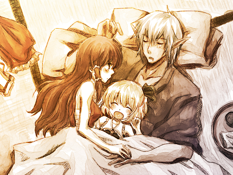 blonde_hair blush bow brown_hair buront crossover elf elvaan family fang final_fantasy final_fantasy_xi hakurei_reimu happy hetero long_hair meg_(artist) meg_maru2 pointy_ears rumia sarashi short_hair silver_hair sleeping the_iron_of_yin_and_yang touhou