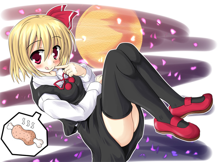 :q boned_meat food hair_ribbon hiiragi_tomoka mary_janes meat moon red_eyes ribbon rumia shoes short_hair thigh-highs thighhighs tongue touhou