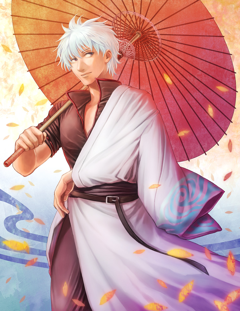 1boy holding holding_umbrella japanese_clothes kinoeneko male male_focus oriental_umbrella sakata_gintoki short_hair silver_hair umbrella