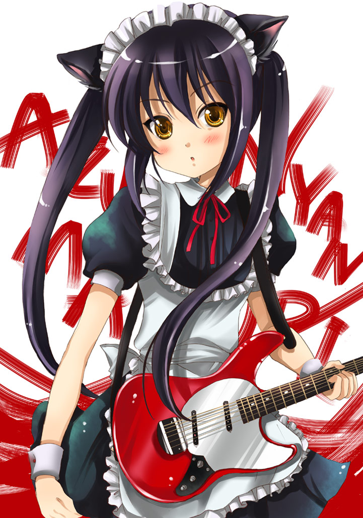 animal_ears apron black_hair blush cat_ears cat_tail enmaided gouda_nagi guitar instrument k-on! long_hair maid mustang(guitar) nakano_azusa neck_ribbon orange_eyes purple_hair ribbon solo tail twintails wrist_cuffs yellow_eyes