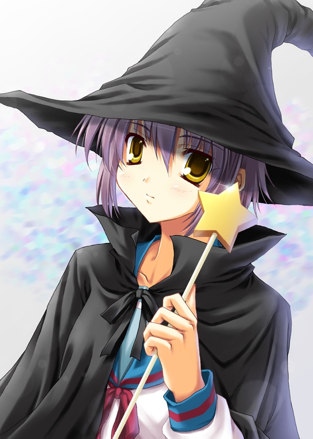 cloak hat miyai_max nagato_yuki purple_hair school_uniform solo star suzumiya_haruhi_no_yuuutsu wand witch_hat