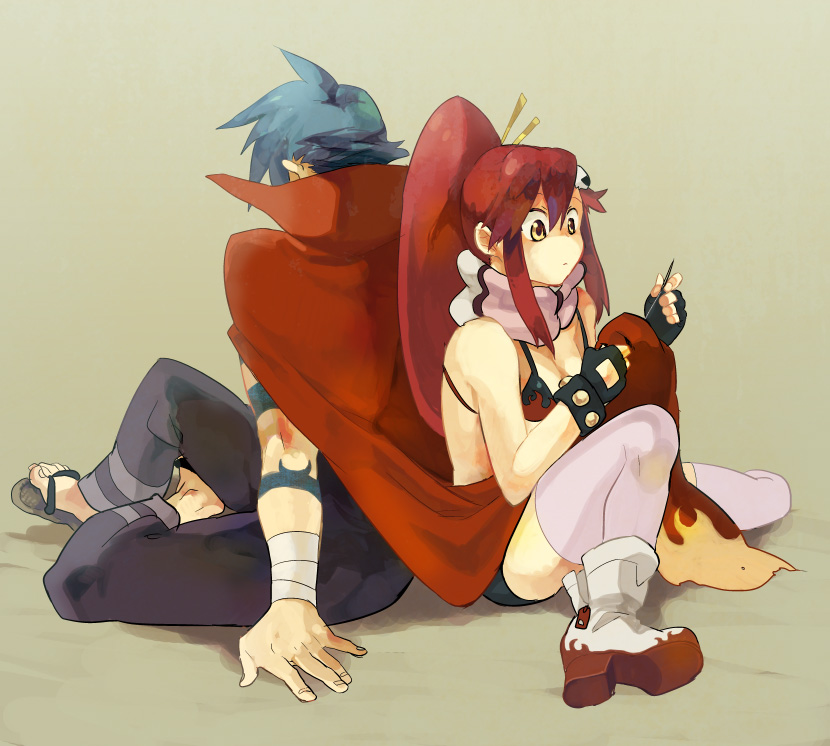 1girl back-to-back back_to_back bikini_top blue_hair cape couple kamina long_hair red_hair redhead scarf suzuki_(artist) tattoo tengen_toppa_gurren_lagann thighhighs yoko_littner yoko_ritona zukki_(suzukio)