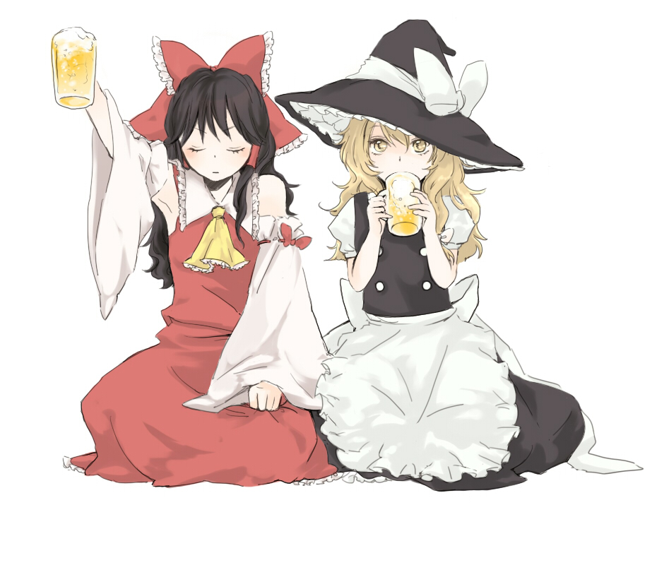 apron arm_up armpits beer blonde_hair bow brown_hair closed_eyes detached_sleeves drinking hair_bow hakurei_reimu hat kirisame_marisa large_bow long_hair multiple_girls simple_background sitting stare touhou witch_hat yellow_eyes yonu_(pixiv) yonu_(yonurime)