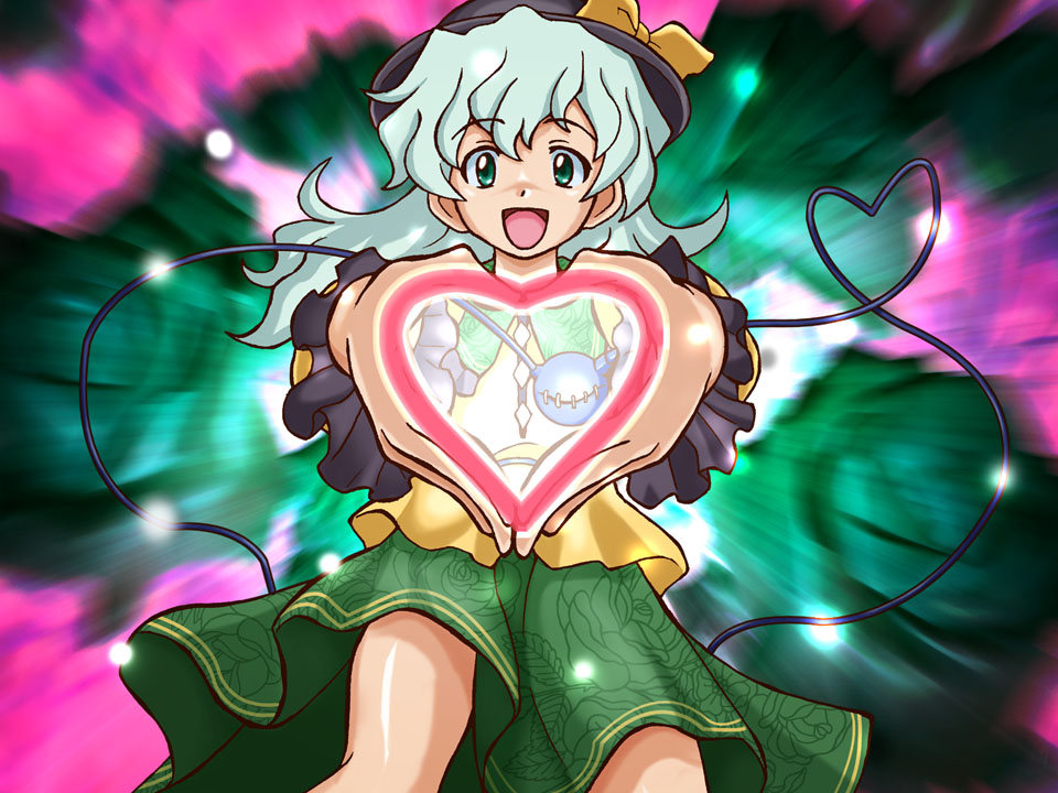 green_eyes green_hair haru_no_hito hat heart heart_hands heart_of_string komeiji_koishi long_hair spring_ninja touhou