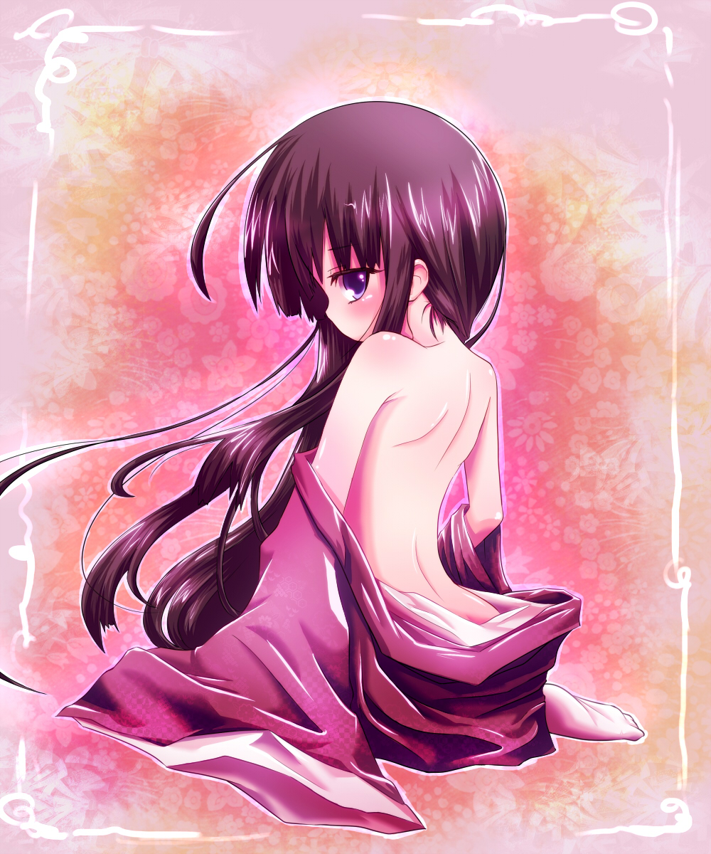 back bare_shoulders black_hair highres houraisan_kaguya japanese_clothes kimono kneeling long_hair looking_back purple_eyes socks solo touhou undressing violet_eyes