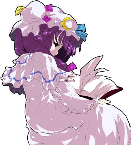 book bow crescent crescent_moon dress hair_bow hat lowres moon official_art patchouli_knowledge purple_eyes purple_hair reading sitting touhou transparent_background violet_eyes
