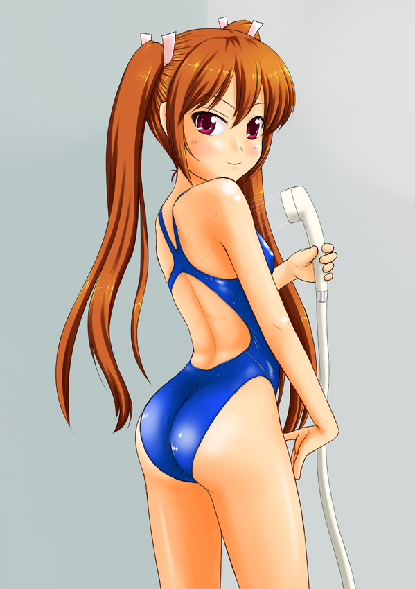 brown_eyes competition_swimsuit long_hair one-piece_swimsuit original red_eyes shower_head swimsuit tk4 twintails