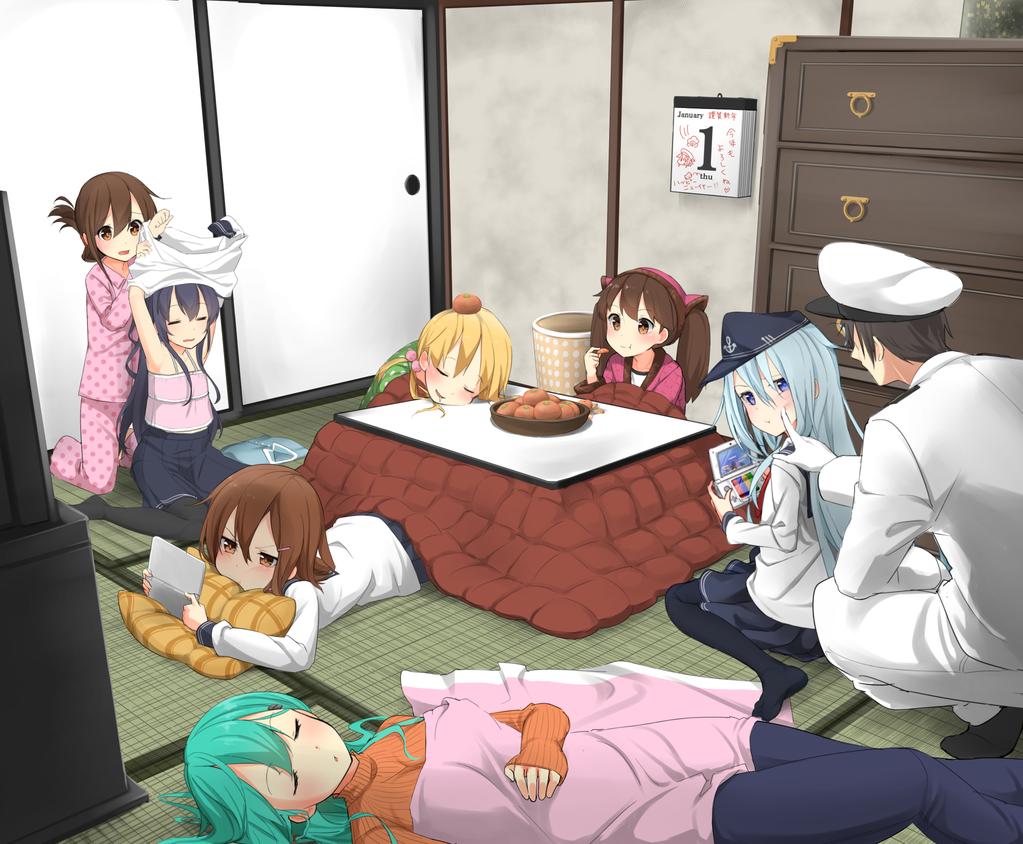 1boy 6+girls :t admiral_(kantai_collection) akatsuki_(kantai_collection) anchor_symbol annoyed aqua_hair black_legwear black_skirt blonde_hair blue_eyes brown_eyes brown_hair cabinet calendar_(object) camisole casual cheek_poking eating flat_cap folded_ponytail food fruit game_&amp;_watch ganondorf gloves green_hair hair_ornament hairclip hat head_rest headgear hibiki_(kantai_collection) ikazuchi_(kantai_collection) inazuma_(kantai_collection) indoors kantai_collection kneeling kotatsu long_hair long_sleeves lying mandarin_orange mario max_melon_teitoku military military_uniform mr._game_&amp;_watch multiple_girls naval_uniform neckerchief nintendo nintendo_3ds on_stomach pajamas pants pantyhose peaked_cap pillow pillow_hug playing pleated_skirt poking prinz_eugen_(kantai_collection) purple_hair ribbed_sweater ryuujou_(kantai_collection) sailor_collar school_uniform serafuku short_hair sitting skirt sleeping sleeves_past_wrists super_mario_bros. super_smash_bros. suzuya_(kantai_collection) sweater table tatami teasing the_legend_of_zelda turtleneck twintails under_kotatsu under_table undressing uniform wariza watching_television white_gloves