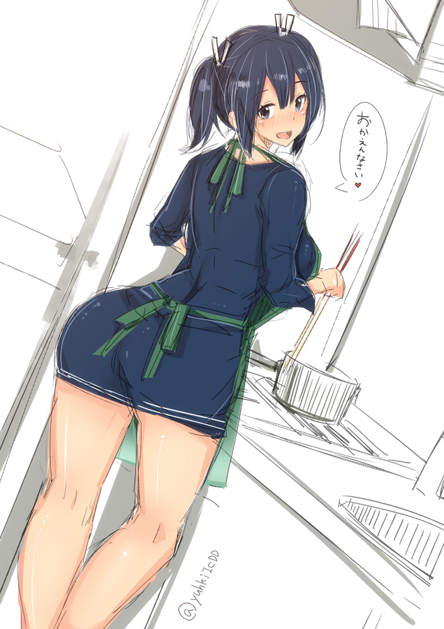 1girl apron ass blue_dress blue_eyes blue_hair blush dress from_behind hair_ribbon heart impossible_clothes impossible_dress kantai_collection long_hair long_sleeves looking_back open_mouth pot rib:y(uhki) ribbon solo souryuu_(kantai_collection) speech_bubble stove translated twintails twitter_username