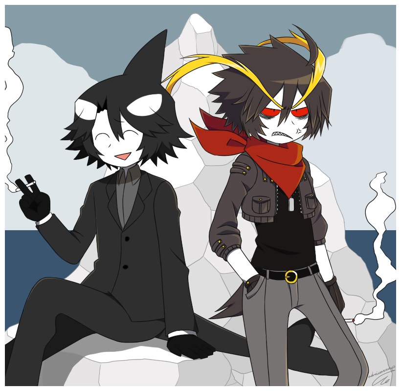 2boys adricarra anger_vein bangs belt black_hair brown_hair collared_shirt fangs formal gloves ice_scream icicle idate_(wadanohara) multiple_boys neckerchief open_mouth payot red_eyes rock_(ice_scream) smile smoking suit tail white_skin