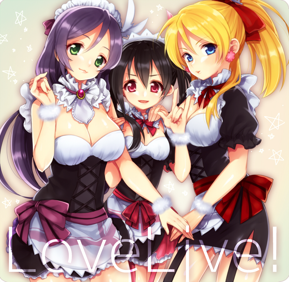 3girls \m/ ayase_eli black_hair blonde_hair blue_eyes breasts cleavage copyright_name earrings etsuo green_eyes jewelry love_live!_school_idol_project maid_headdress mogyutto_"love"_de_sekkin_chuu! multiple_girls ponytail purple_hair red_eyes skirt toujou_nozomi yazawa_nico