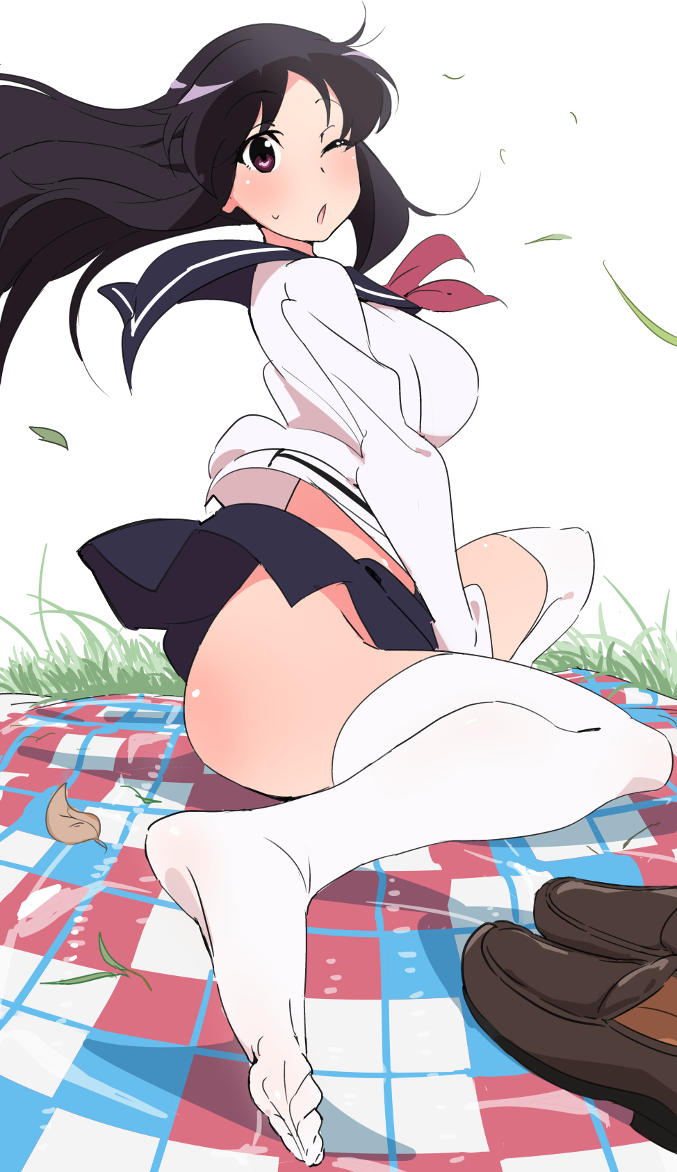 1girl black_hair breasts highres long_hair looking_at_viewer natsumi_hajime one_eye_closed saki shimizudani_ryuuka shoes_removed simple_background sitting solo thigh-highs thighs violet_eyes white_background white_legwear wind_lift