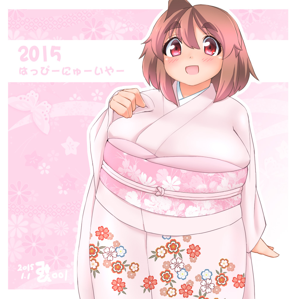 1girl 2015 :d ahoge blush breasts brown_hair eno_konoe eyebrows happy_new_year huge_breasts japanese_clothes kimono mikomu new_year obi open_mouth original pink_eyes plump sash short_hair smile solo thick_eyebrows translated