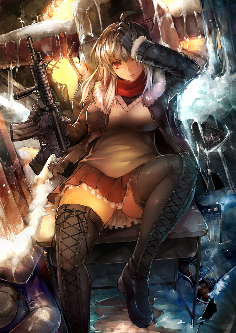 1girl ahoge black_boots black_legwear boots breasts cross-laced_footwear fur_trim gun hand_on_head jacket lace-up_boots long_hair looking_at_viewer luco_san original red_eyes scarf silver_hair sitting skirt snow solo submachine_gun sweater thigh-highs thigh_boots weapon zettai_ryouiki