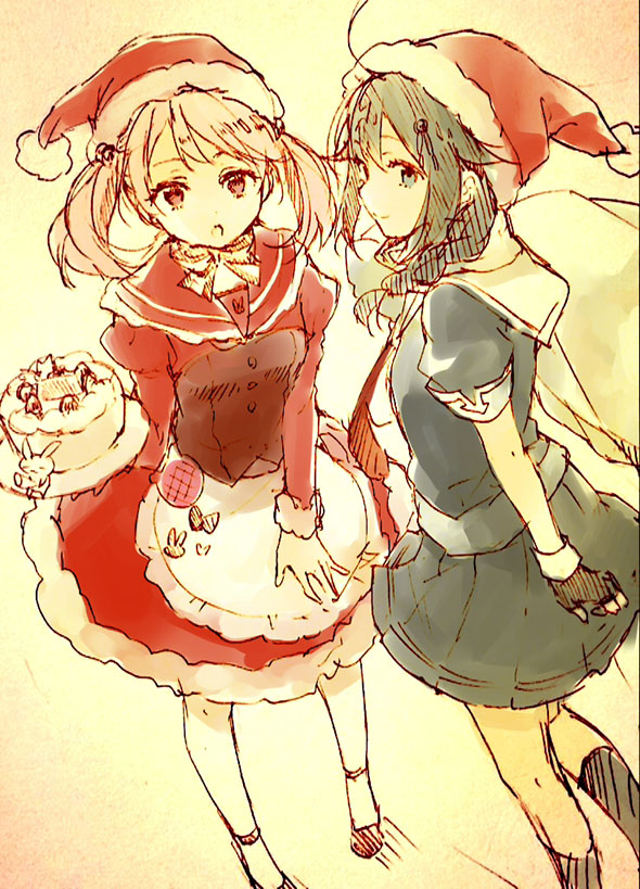 2girls :o akn92 black_hair braid cake christmas christmas_cake dress fingerless_gloves food gloves hair_flaps hair_ornament hat kantai_collection kneeling looking_at_viewer multiple_girls open_mouth pantyhose pink_hair sack santa_hat sazanami_(kantai_collection) school_uniform serafuku shigure_(kantai_collection) shoes short_hair single_braid sketch smile twintails