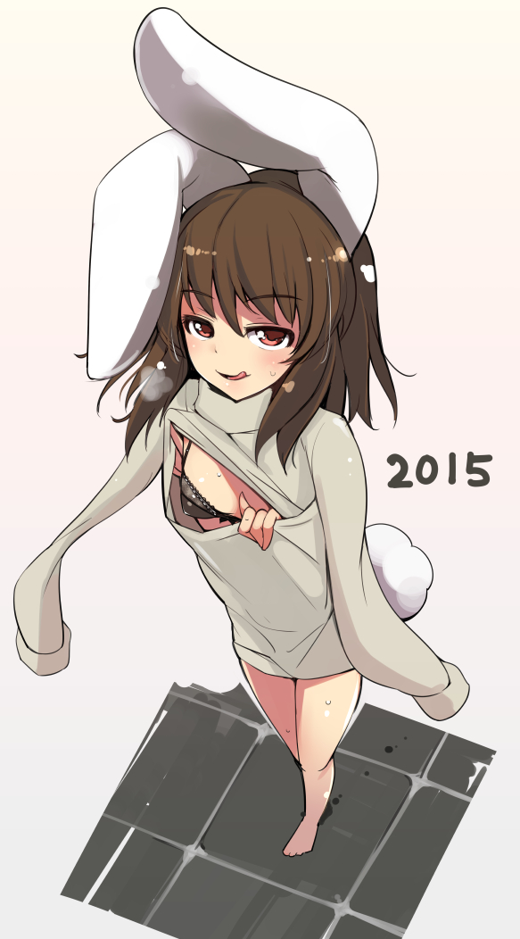 1girl 2015 alternate_costume animal_ears barefoot black_bra bra brown_hair bunny_tail foreshortening inaba_tewi ippongui open-chest_sweater rabbit_ears red_eyes short_hair small_breasts smile solo sweater tail touhou underwear