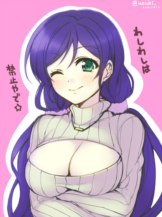 1girl ;) breasts cleavage cleavage_cutout green_eyes large_breasts long_hair looking_at_viewer love_live!_school_idol_project one_eye_closed open-chest_sweater purple_hair ribbed_sweater smile solo sweater toujou_nozomi translation_request turtleneck turtleneck_sweater twintails twitter_username uzu_hi