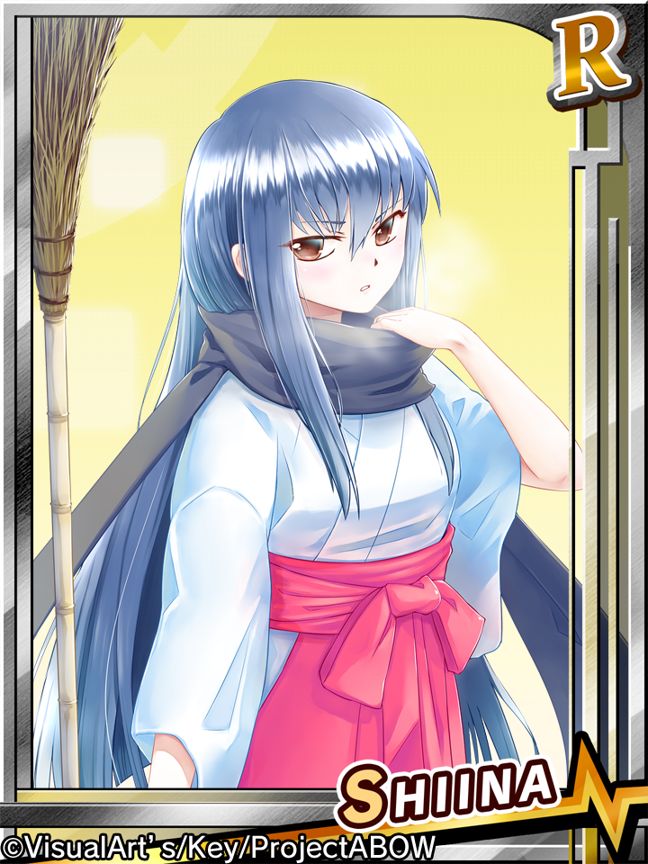 1girl angel_beats! blue_hair card_(medium) hakama japanese_clothes long_hair miko red_eyes scarf shiina_(angel_beats!) tachibana_noneko