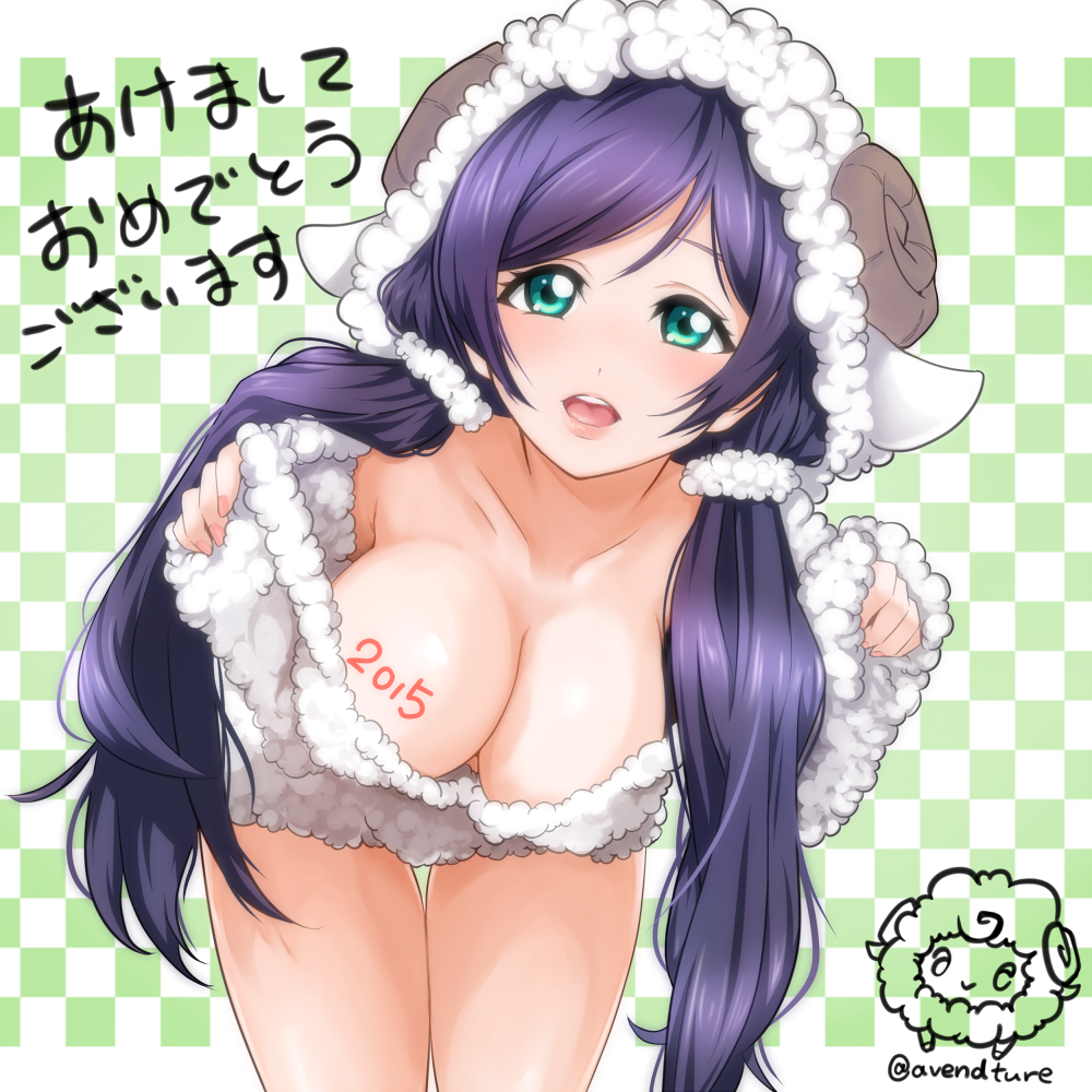1girl 2015 avendture bent_over breasts checkered checkered_background cleavage collarbone downblouse green_eyes happy_new_year horns large_breasts long_hair looking_at_viewer love_live!_school_idol_project new_year purple_hair sheep sheep_horns solo toujou_nozomi translated twintails twitter_username