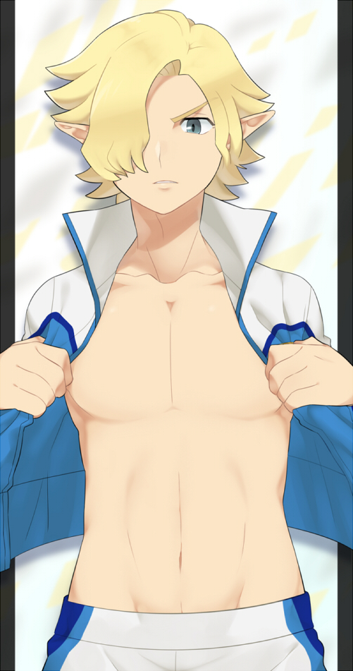 1boy blonde_hair earth_eleven hair_over_one_eye inazuma_eleven_(series) inazuma_eleven_go inazuma_eleven_go_galaxy jacket male_focus navel no_nipples official_style open_clothes open_jacket pants petagon pointy_ears saajesu_ruugu short_hair solo track_jacket track_pants