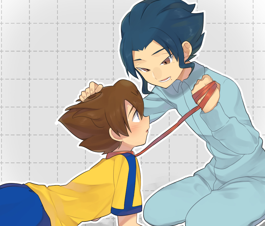 2boys all_fours aqua_hair blush brown_eyes brown_hair collar hand_on_another's_head inazuma_eleven_(series) inazuma_eleven_go leash leash_pull male_focus matsukaze_tenma mole multiple_boys open_mouth petagon raimon raimon_soccer_uniform short_hair sitting soccer_uniform sportswear tsurugi_yuuichi yaoi