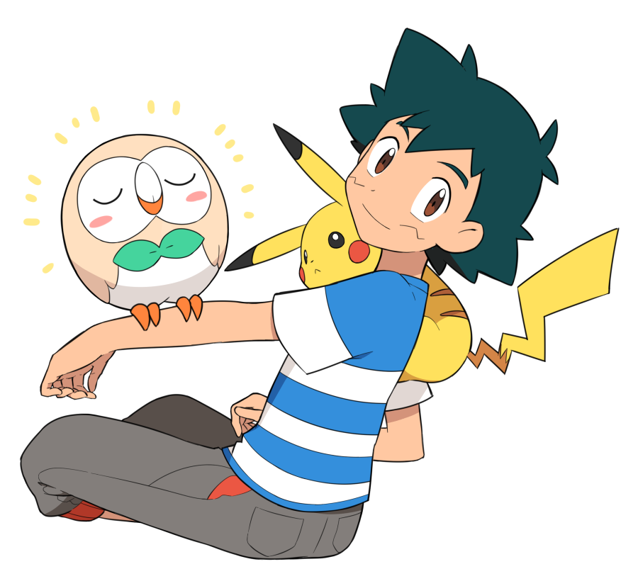 1boy ame_(ame025) ash_ketchum bangs blue_shirt brown_eyes closed_mouth commentary_request gen_1_pokemon gen_7_pokemon green_hair grey_pants looking_at_viewer male_focus pants pikachu pokemon pokemon_(anime) pokemon_(creature) pokemon_on_arm pokemon_sm_(anime) rowlet shirt short_hair short_sleeves sitting smile starter_pokemon striped striped_shirt t-shirt white_background