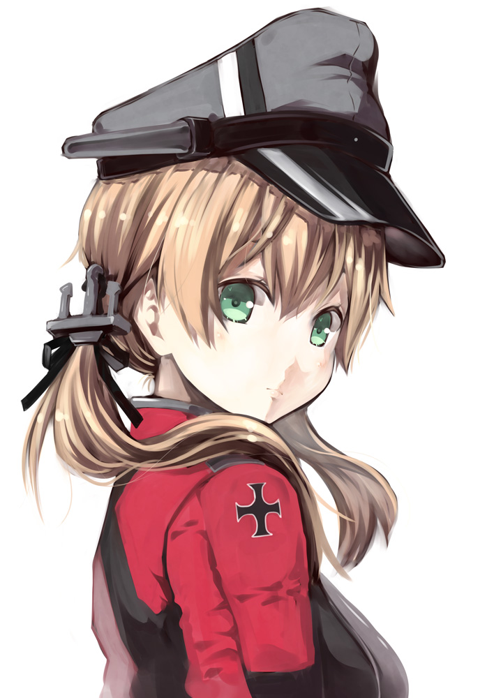 1girl anchor_hair_ornament blonde_hair green_eyes hat kantai_collection kouji_(campus_life) long_hair looking_at_viewer peaked_cap prinz_eugen_(kantai_collection) revision sketch solo twintails
