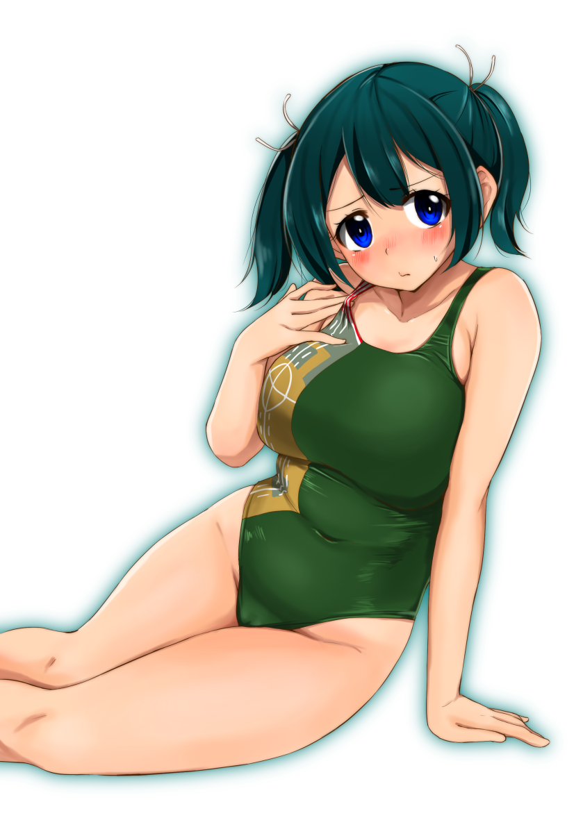 1girl alternate_costume arm_support bangs bare_legs bare_shoulders blue_eyes blush breasts collarbone curvy embarrassed green_swimsuit hand_on_own_chest kantai_collection kirikirimai_(kkm) large_breasts looking_at_viewer one-piece_swimsuit parted_bangs short_hair short_twintails souryuu_(kantai_collection) swimsuit twintails