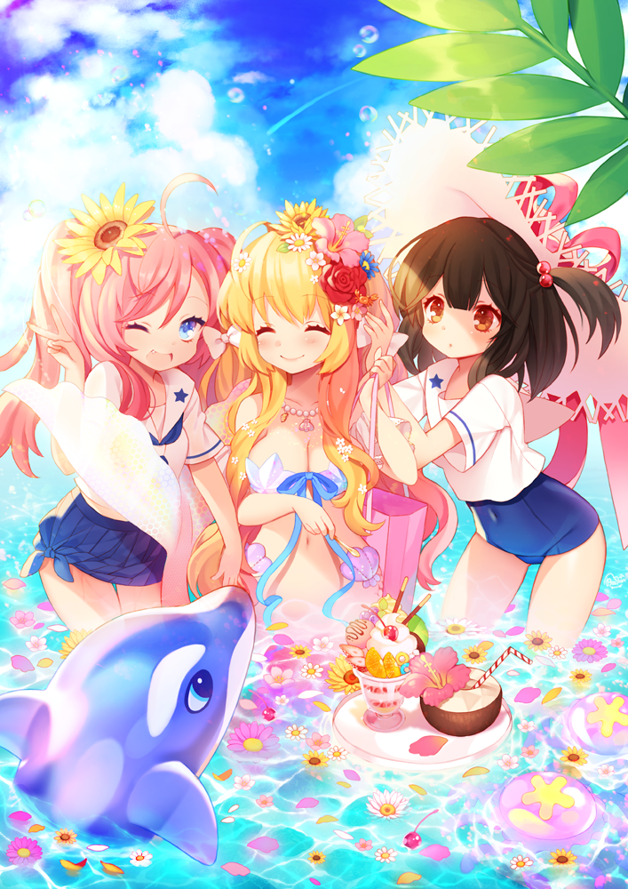 3girls ;d ahoge bag blonde_hair blue_eyes blush bow breasts brown_eyes brown_hair byulzzimon cleavage closed_eyes coconut covered_navel drinking_straw fang flower hair_bobbles hair_bow hair_flower hair_ornament hat holding holding_bag inflatable_dolphin jewelry long_hair looking_at_another looking_at_viewer mermaid midriff monster_girl multiple_girls navel neckerchief necklace one-piece_swimsuit one_eye_closed one_side_up open_mouth original outdoors parfait pearl_necklace petals pink_hair pleated_skirt ribbon sailor_collar school_swimsuit shell shell_bikini shirt short_sleeves skirt smile standing star sun_hat swimsuit swimsuit_under_clothes thigh_gap tied_skirt tray v wading water white_shirt