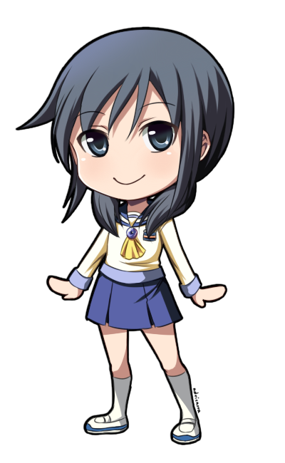 1girl adricarra artist_name bangs black_eyes black_hair blush chibi corpse_party looking_at_viewer payot school_uniform shinozaki_ayumi short_twintails simple_background skirt smile solo transparent_background twintails