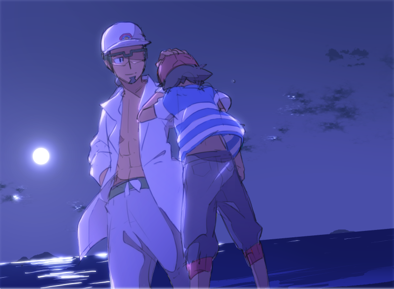 2boys abs ame_(ame025) ash_ketchum baseball_cap black_eyes closed_mouth clouds commentary_request facial_hair glasses grey_pants hand_on_another's_head hat kukui_(pokemon) labcoat looking_down male_focus moon multiple_boys night outdoors pants pokemon pokemon_(anime) pokemon_sm_(anime) reflection semi-rimless_eyewear shirt short_sleeves sky smile standing striped striped_shirt water white_headwear