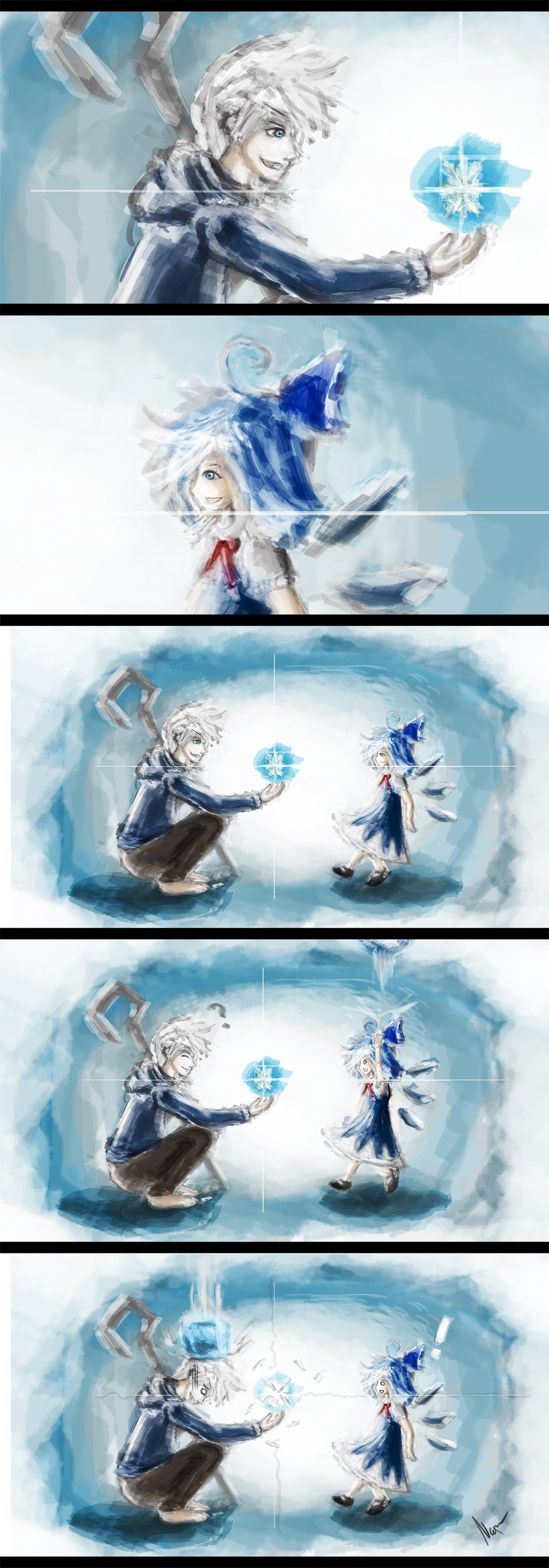 ! 1boy 1girl ? absurdres blue_eyes blue_hair cirno comic crossover highres ice jack_frost_(rise_of_the_guardians) long_image nearesven power_connection rise_of_the_guardians silent_comic touhou