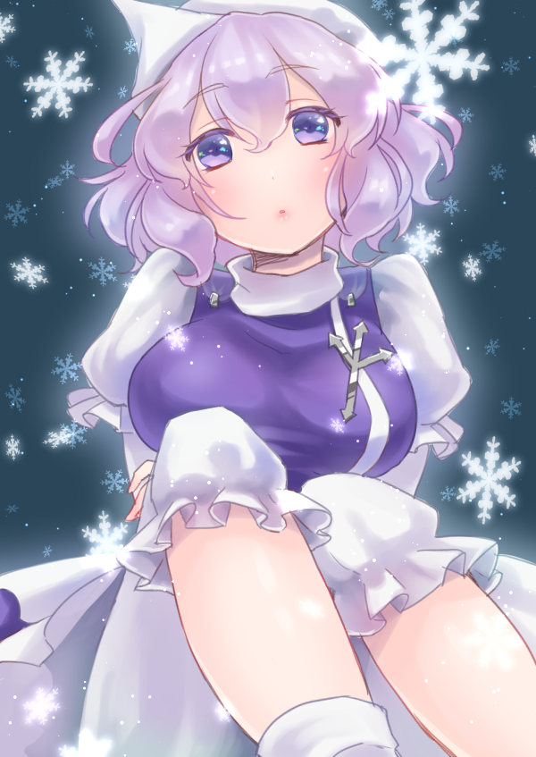 + 1girl blue_eyes breasts hat lavender_hair letty_whiterock looking_at_viewer misaka_(05) short_hair snowflakes solo touhou