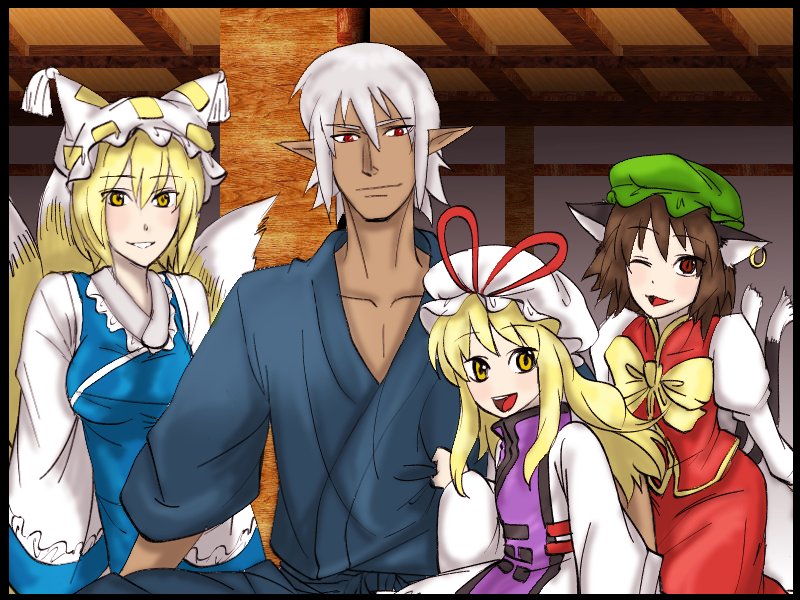 1boy 3girls animal_ears blonde_hair buront cat_ears cat_tail chen crossover final_fantasy final_fantasy_xi fox_ears fox_tail hat long_hair long_sleeves maruman multiple_girls open_mouth pointy_ears red_eyes short_hair silver_hair smile tail the_iron_of_yin_and_yang touhou vest yakumo_ran yakumo_yukari yellow_eyes