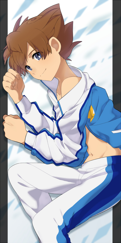 1boy brown_hair earth_eleven inazuma_eleven_(series) inazuma_eleven_go inazuma_eleven_go_galaxy jacket light_smile lying male_focus matsukaze_tenma navel off_shoulder official_style on_side open_clothes open_jacket pants petagon short_hair solo track_jacket track_pants